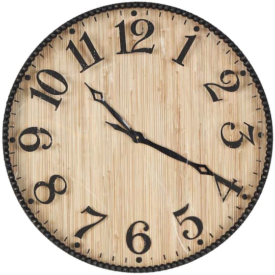 24" Light Brown Distressed Wall Clock with Black Beaded Frame